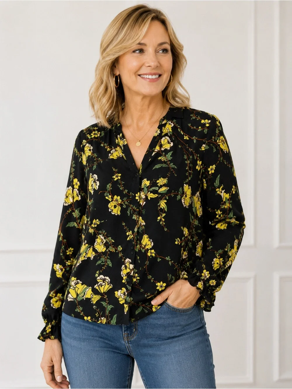 Who What Wear Yellow Floral And Black button-up Long-Sleeve Shirt Top XS